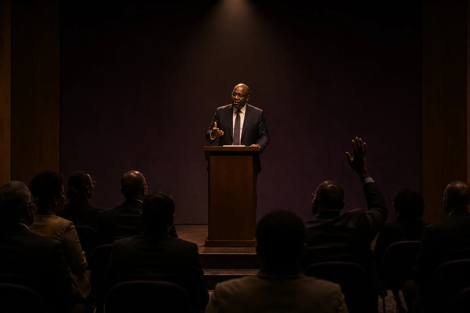 A public lecture on governance, a speaker taking a question.